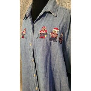 VTG 90s Christmas Teddy Bear Embroidered Denim Button Up Shirt - Women's Plus 22